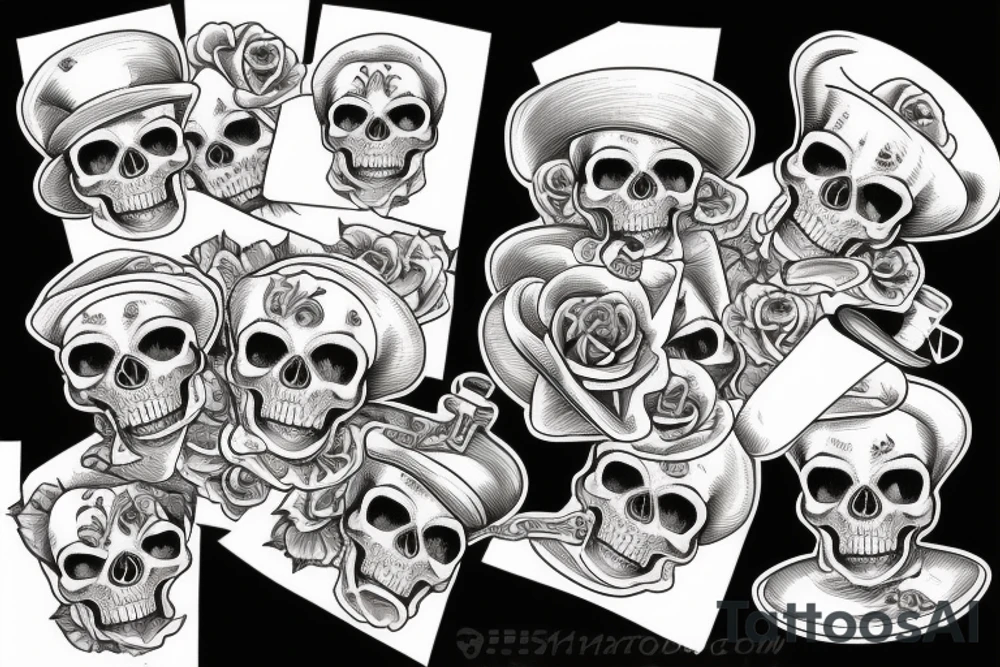 Traditional skull with top hat and pocket watch rose tattoo idea