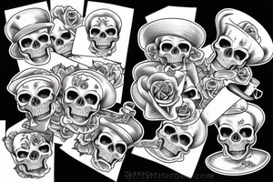 Traditional skull with top hat and pocket watch rose tattoo idea