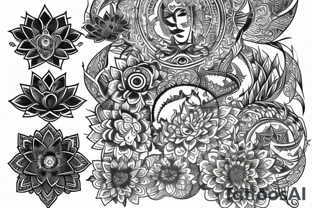 Humsa Om lotus sun moon tattoo idea