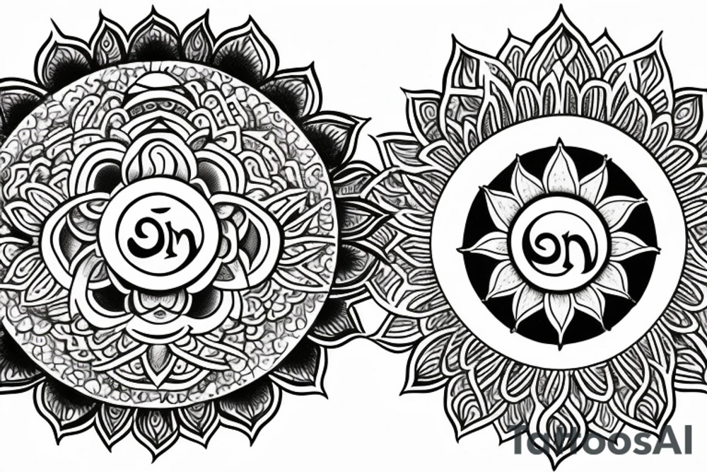 Om lotus sun moon in Humsa tattoo idea