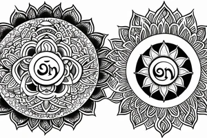 Om lotus sun moon in Humsa tattoo idea