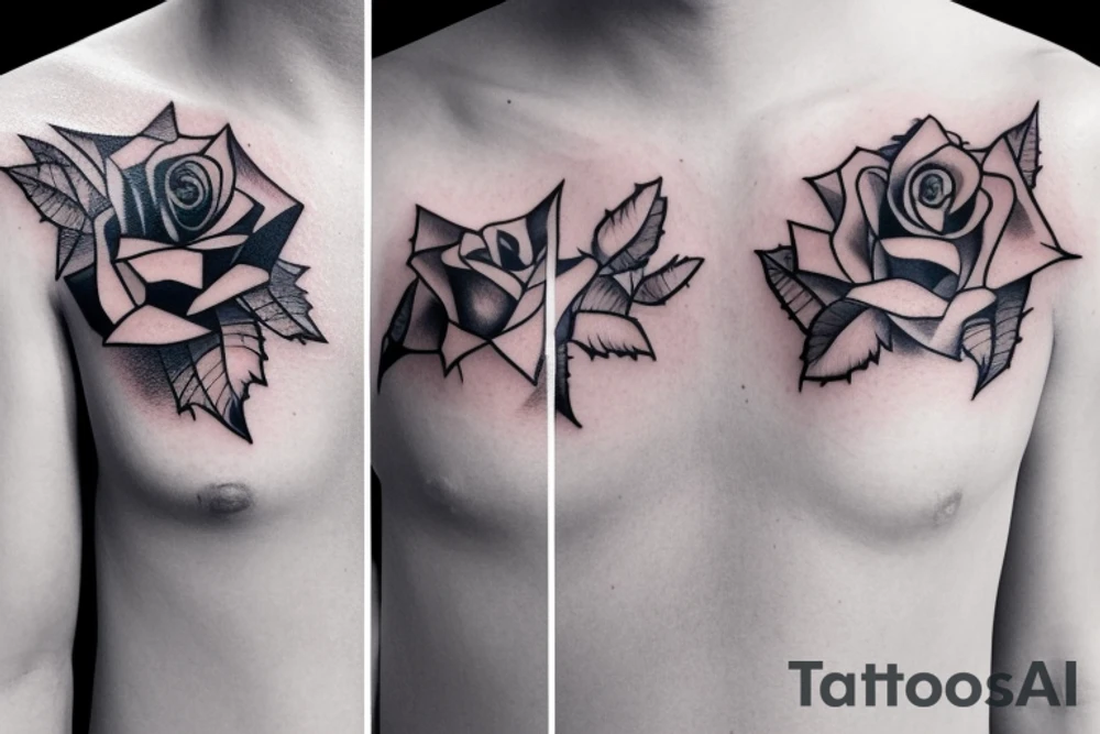 Two rose branches going in different directions following the shape of the chest tattoo idea