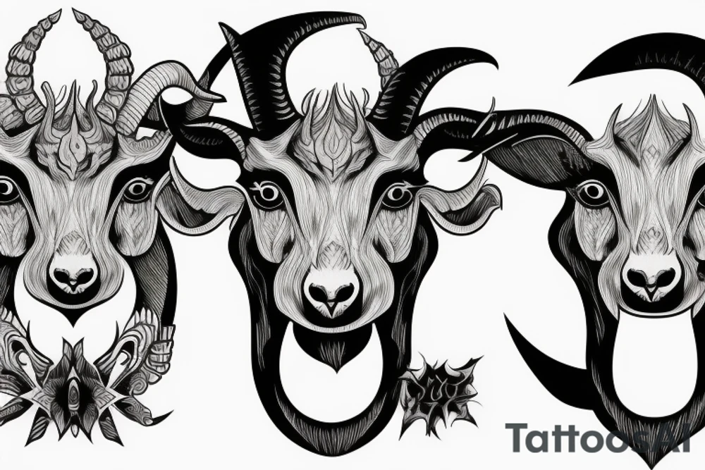 a goat demon face split in half with horns tattoo idea