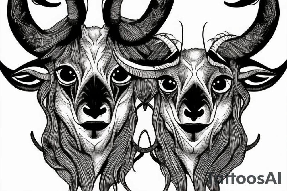 a goat demon face split in half with horns tattoo idea