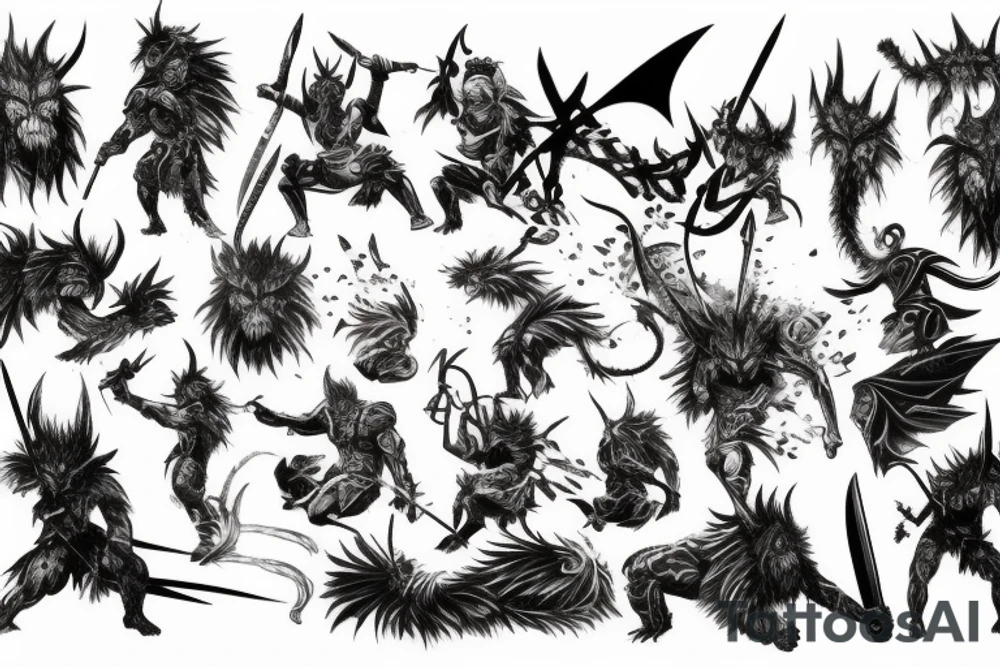 epic battle scene between a warrior and Ifrit tattoo idea