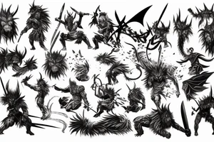 epic battle scene between a warrior and Ifrit tattoo idea