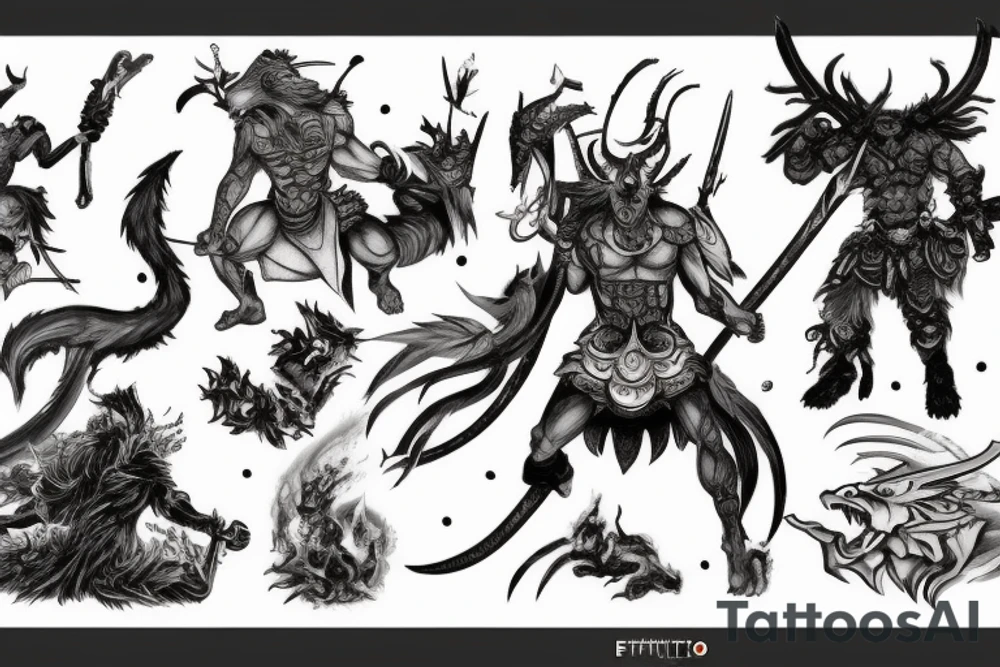 epic battle scene between a warrior and Ifrit tattoo idea