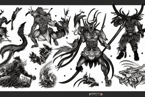 epic battle scene between a warrior and Ifrit tattoo idea