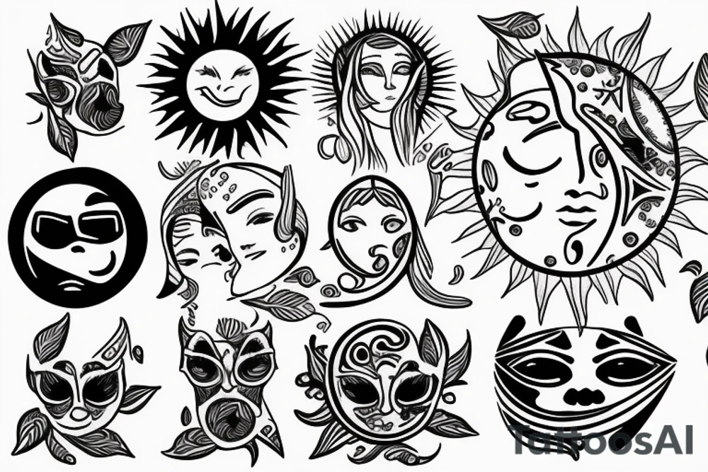 The sun and moon, joy and sadness, fine lines tattoo idea