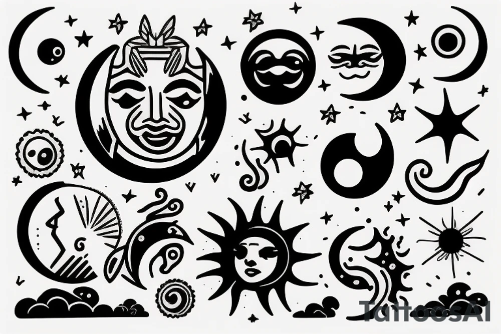 The sun and moon, joy and sadness, fine lines tattoo idea