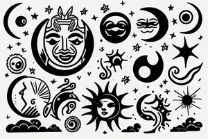 The sun and moon, joy and sadness, fine lines tattoo idea
