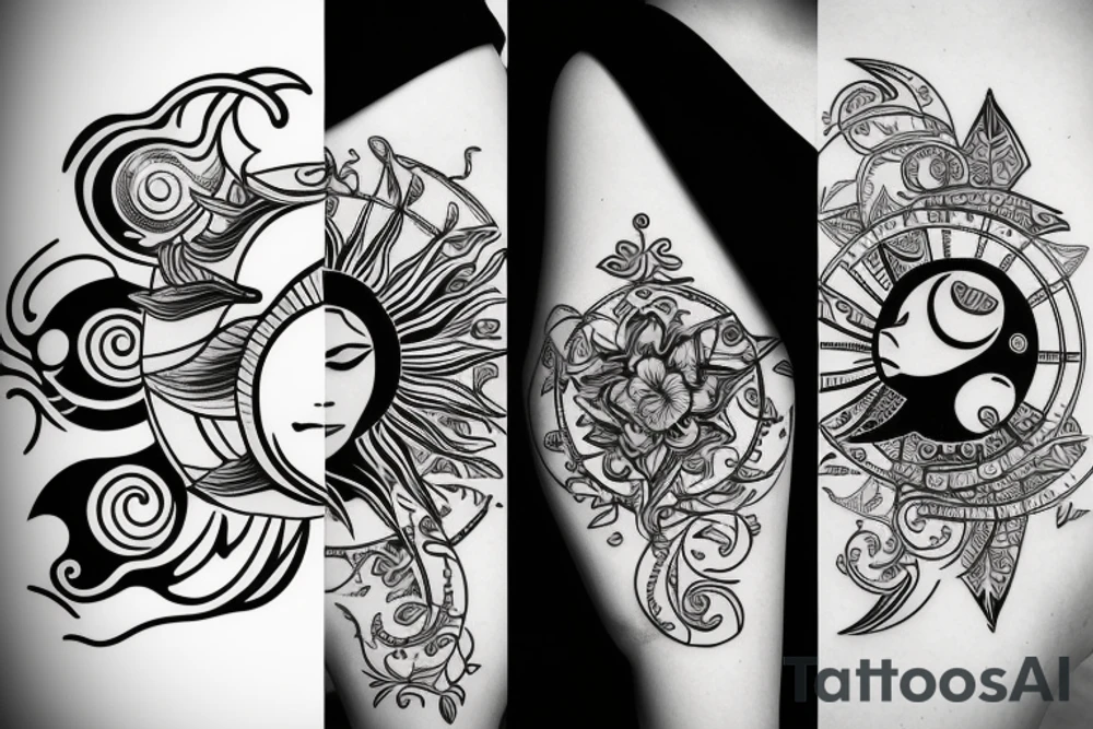 The sun and moon, joy and sadness, fine lines tattoo idea
