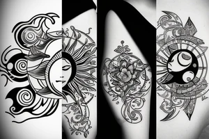 The sun and moon, joy and sadness, fine lines tattoo idea