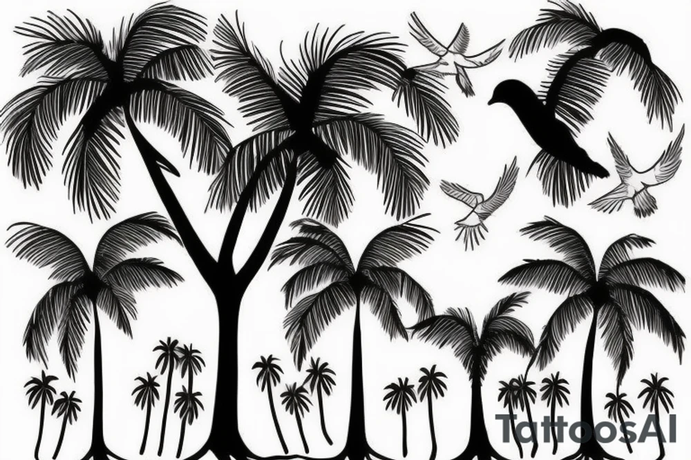 I want a palm tree with three doves flying out of the tree. This will then be followed with roots which will go down my back and within the roots I will have Arabic writing tattoo idea