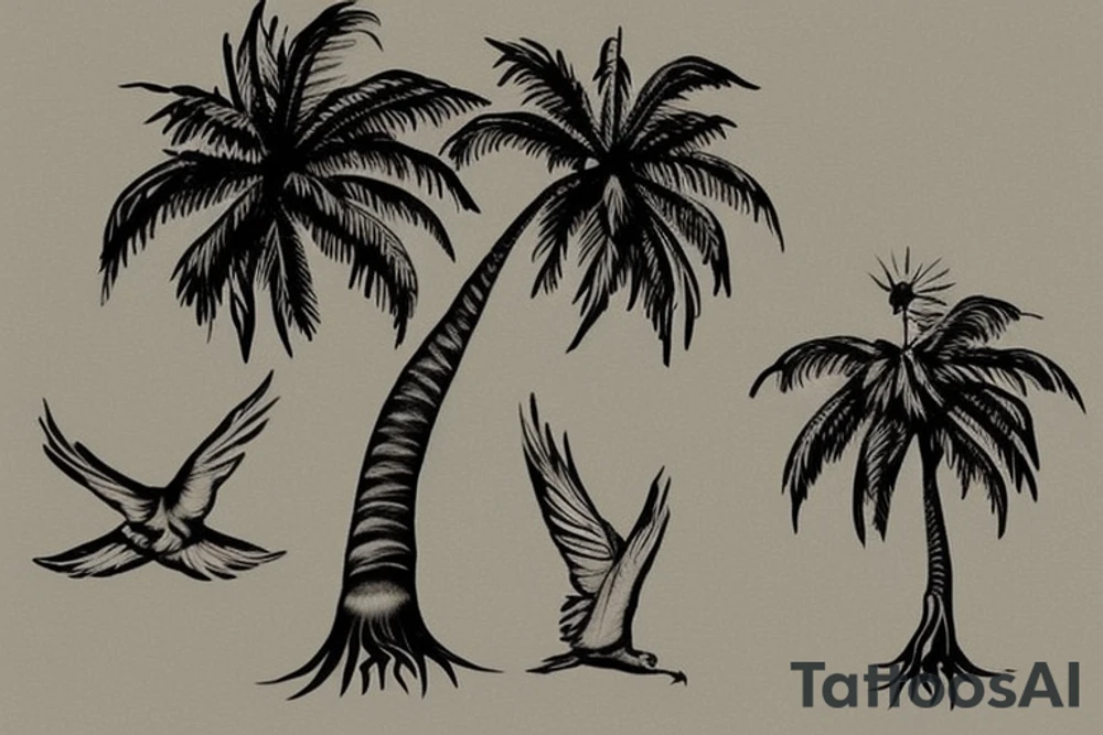 I want a palm tree with three doves flying out of the tree. This will then be followed with roots which will go down my back and within the roots I will have Arabic writing. I only want one tree. I want roots coming down the tree from my back. I will put writin in the back tattoo idea
