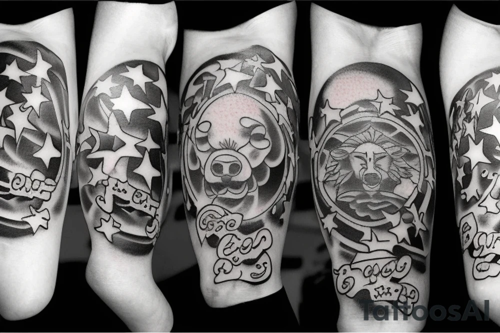 God bear, heaven, 3 small stars 1 large star, with words improvise adapt overcome tattoo idea