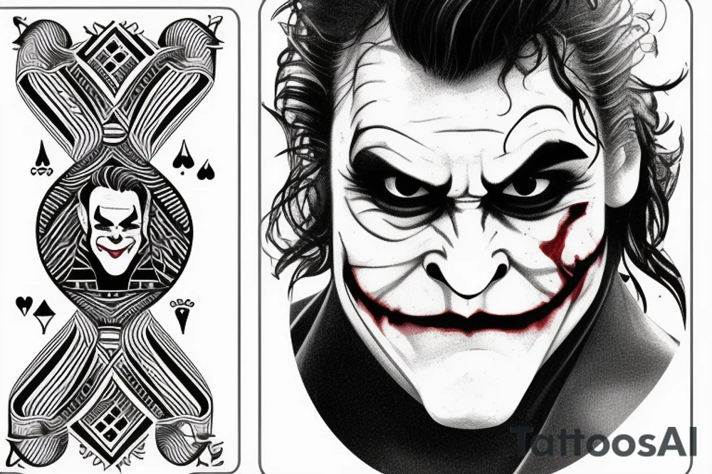 A line art playing card which has half face of joaquin phoenix joker character and half of playing card joker tattoo idea