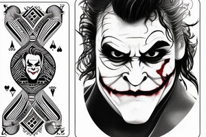 A line art playing card which has half face of joaquin phoenix joker character and half of playing card joker tattoo idea