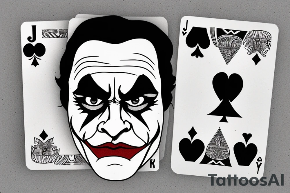 A line art playing card which has half face of joaquin phoenix joker character and half of playing card joker tattoo idea