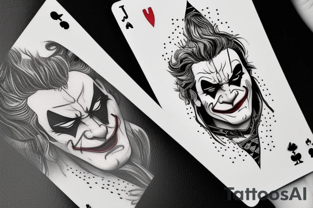 A line art playing card which has half face of joaquin phoenix joker character and half of playing card joker tattoo idea