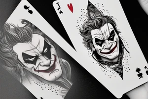 A line art playing card which has half face of joaquin phoenix joker character and half of playing card joker tattoo idea