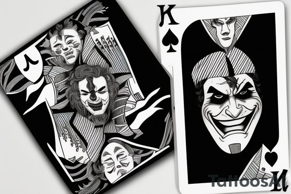 A line art playing card which has half face of joaquin phoenix joker character and half of playing card joker tattoo idea