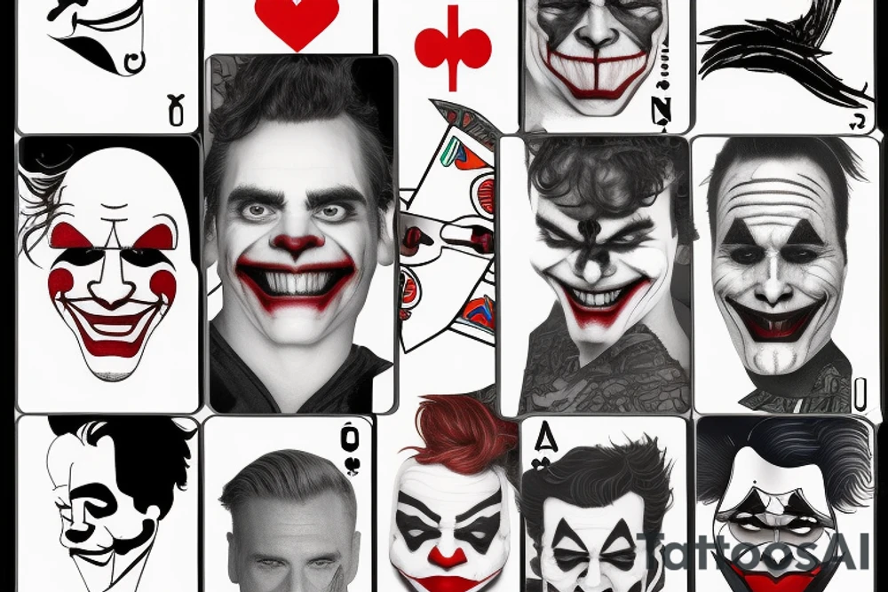 A minimalist line art playing card which has half face of joaquin phoenix joker character and half of playing card joker tattoo idea