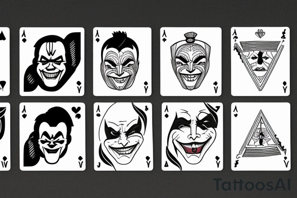 A minimalist line art playing card which has half face of joaquin phoenix joker character and half of playing card joker tattoo idea