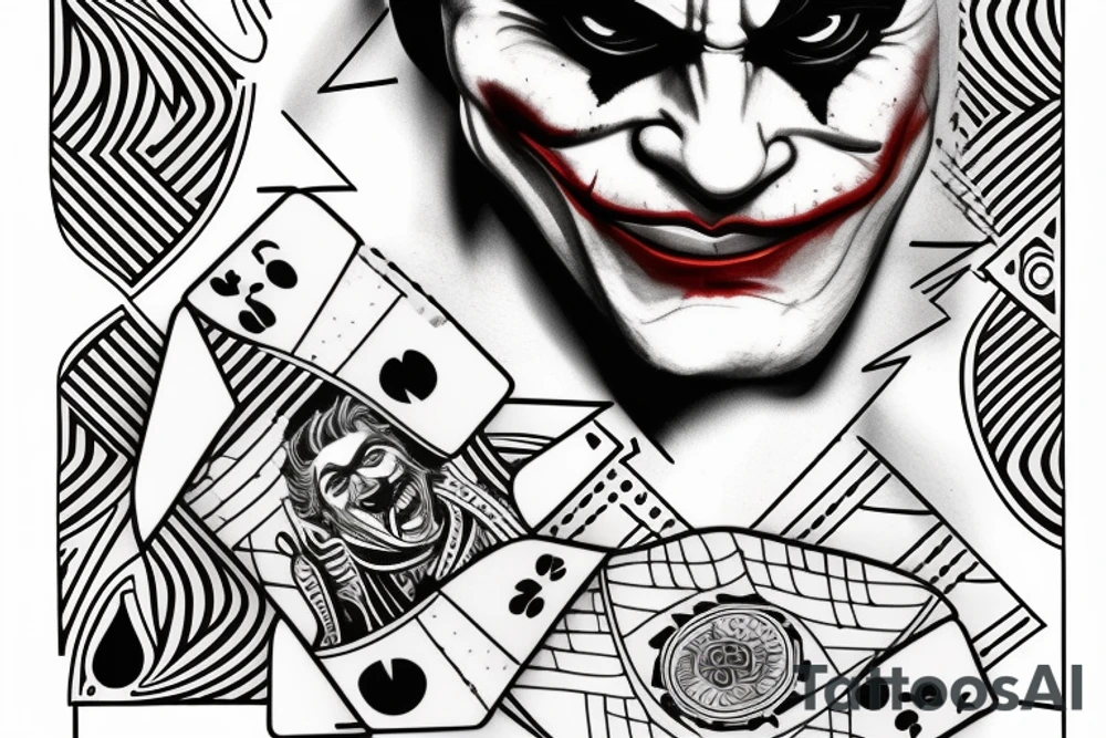 A minimalist line art playing card which has half face of joaquin phoenix joker character and half of playing card joker tattoo idea