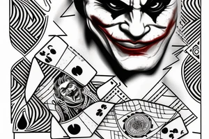 A minimalist line art playing card which has half face of joaquin phoenix joker character and half of playing card joker tattoo idea