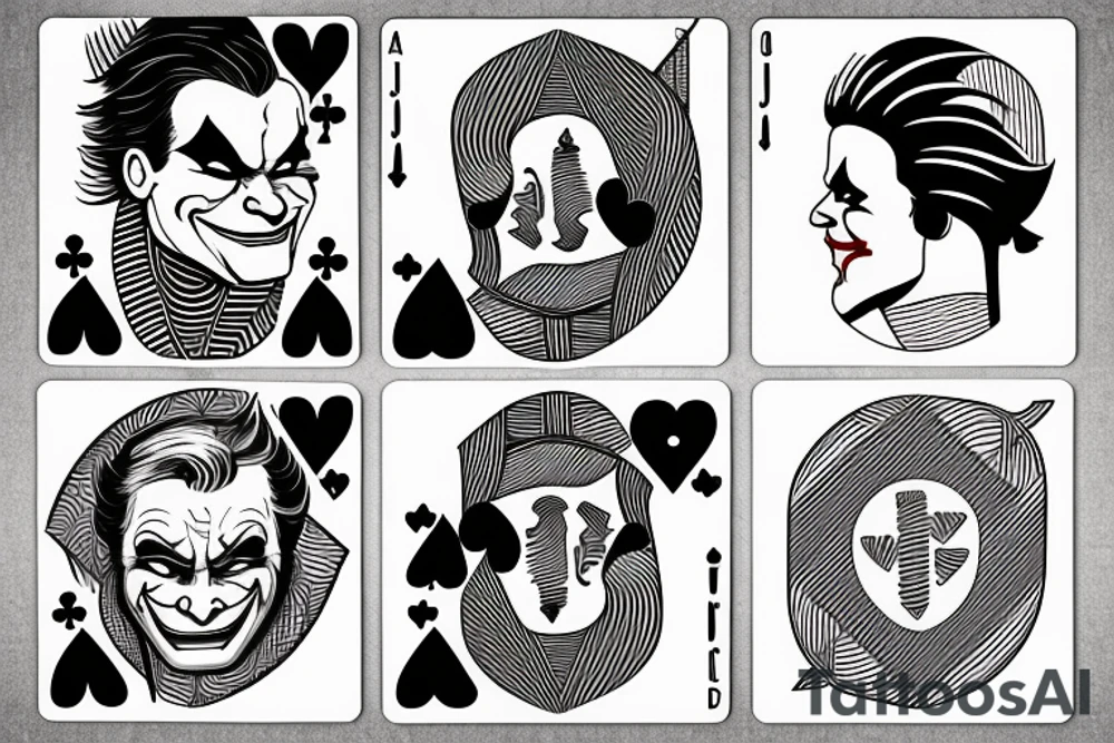 A minimalist line art playing card which has half face of joaquin phoenix joker character and half of playing card joker tattoo idea