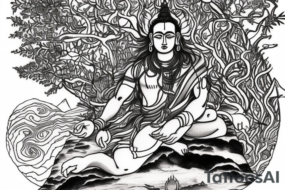 Shiva could be depicted sitting on a mountain peak, with a camera slung over his shoulder and a backpack at his feet. In the background, there could be a landscape that represents the traveler's wanderlust, such as a beach, a forest, or a desert. tattoo idea