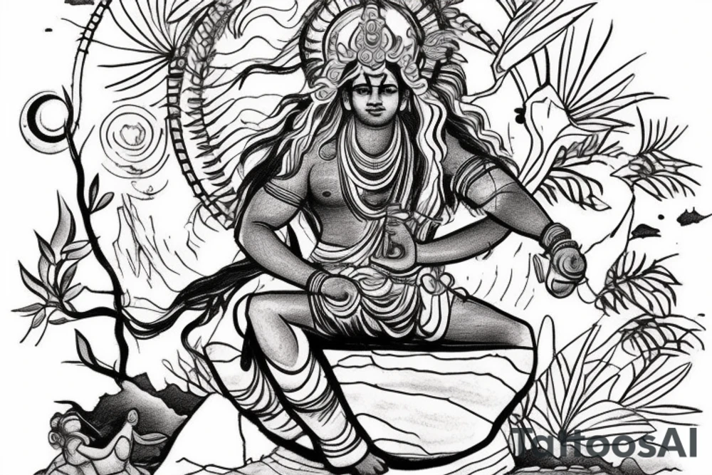 Shiva could be depicted sitting on a mountain peak, with a camera slung over his shoulder and a backpack at his feet. In the background, there could be a landscape that represents the traveler's wanderlust, such as a beach, a forest, or a desert. tattoo idea