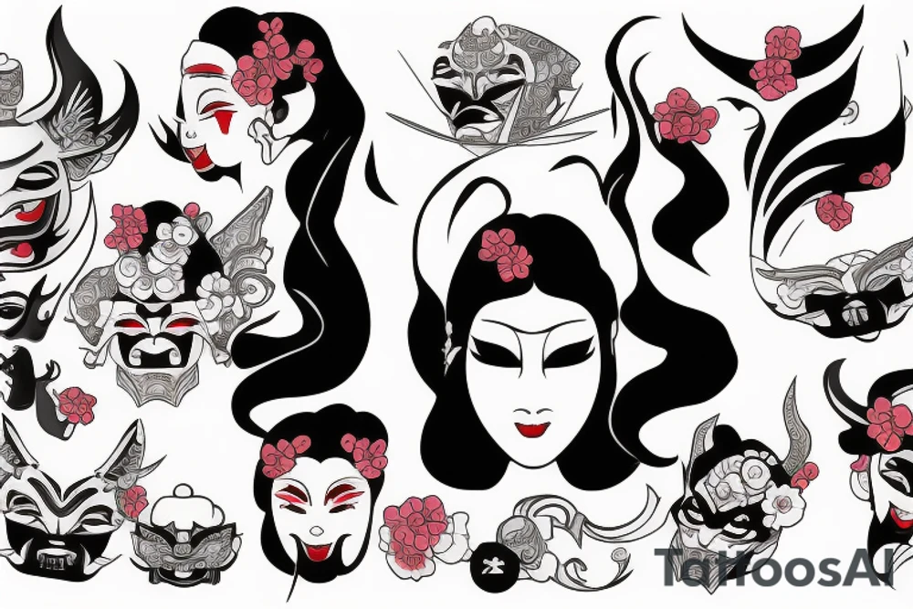 a geisha wearing oni mask tattoo idea