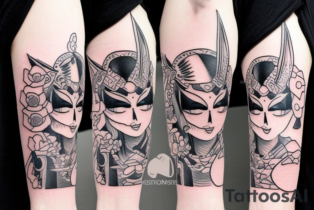 a geisha wearing oni mask tattoo idea