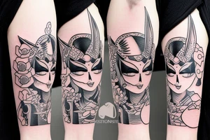 a geisha wearing oni mask tattoo idea