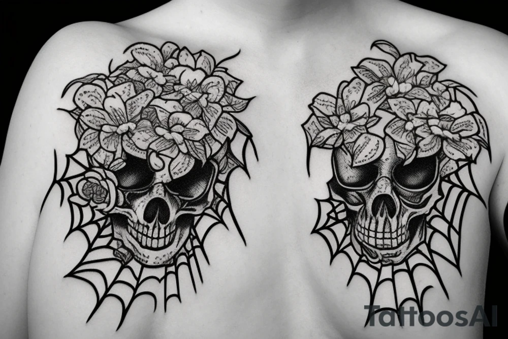 Spider with a skullhead and flowers tattoo idea