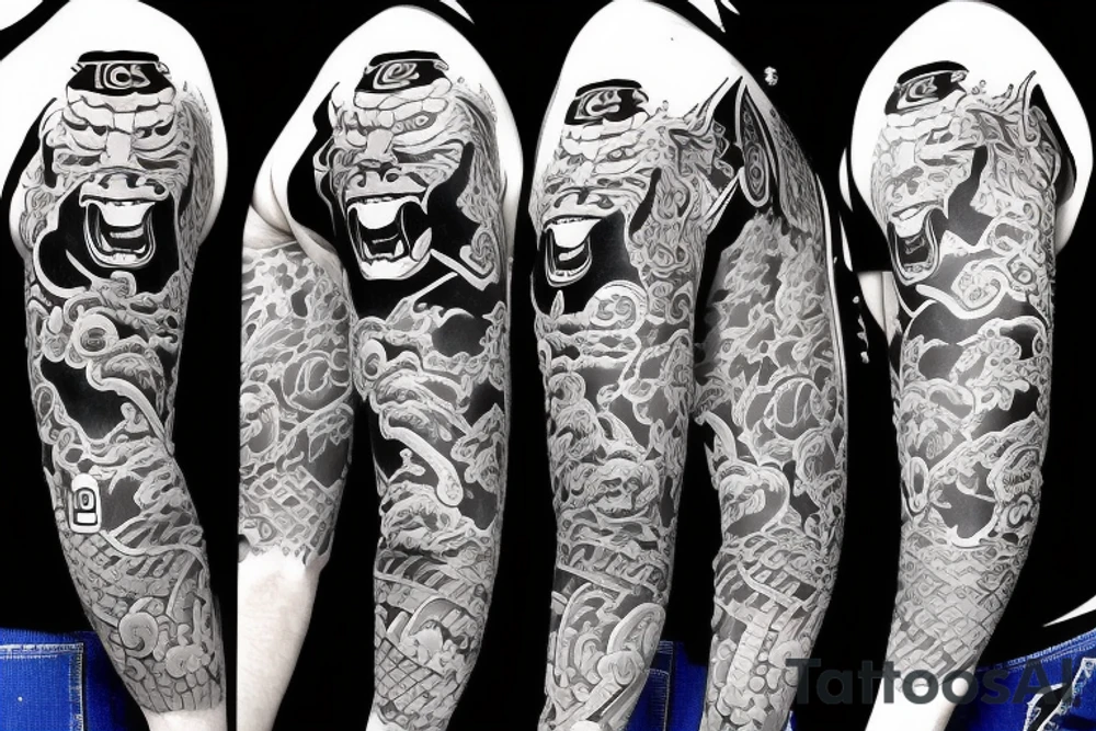 Sleeve with chicago cubs baseball , Japanese oni mask and family tattoo idea