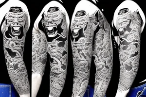 Sleeve with chicago cubs baseball , Japanese oni mask and family tattoo idea