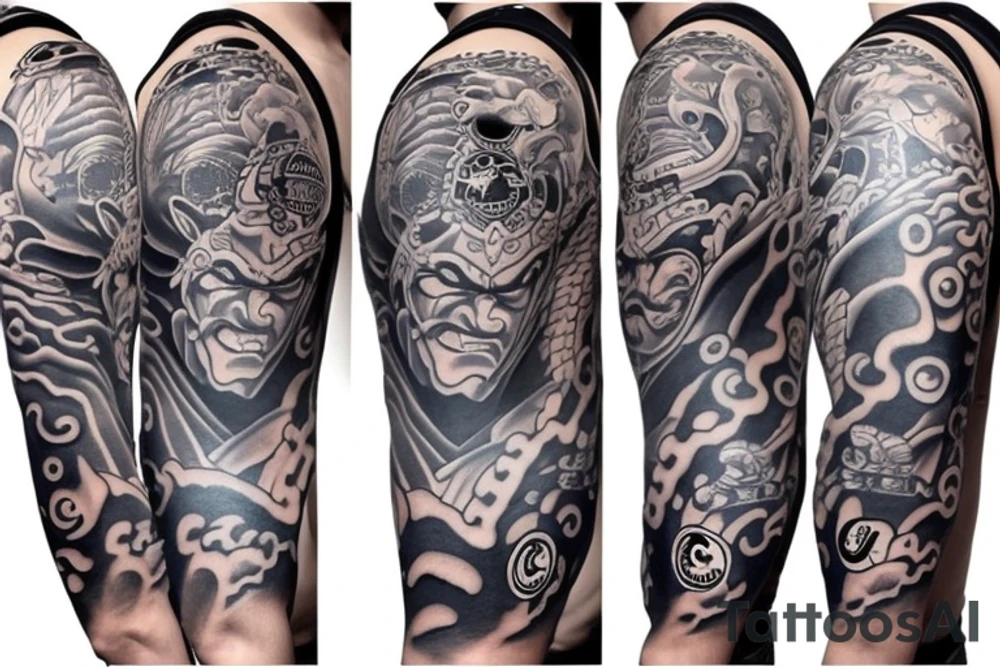 Sleeve with chicago cubs baseball , Japanese oni mask and family tattoo idea