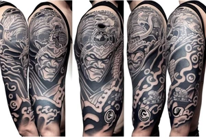 Sleeve with chicago cubs baseball , Japanese oni mask and family tattoo idea