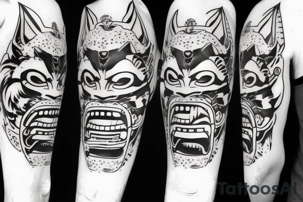Oni mask with cubs hat tattoo idea
