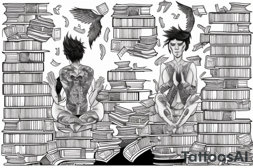 An androgynous person meditating while surrounded by stacks of books and flying magic. tattoo idea