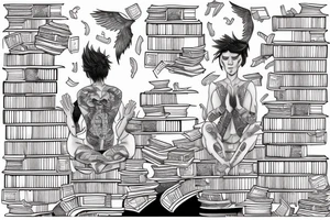 An androgynous person meditating while surrounded by stacks of books and flying magic. tattoo idea