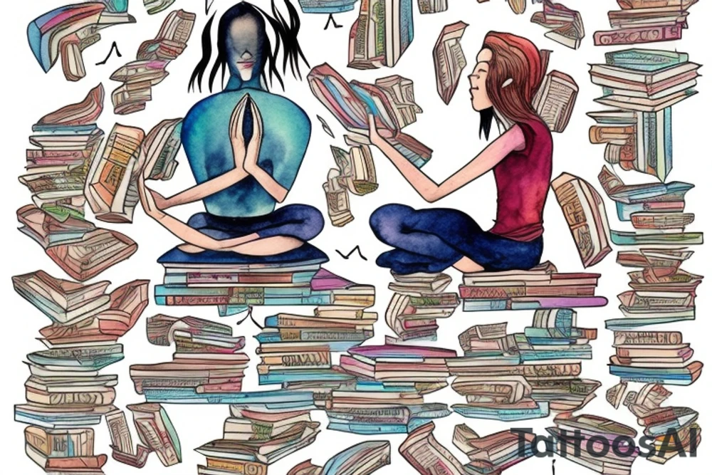 An androgynous person meditating while surrounded by stacks of books and flying magic. tattoo idea