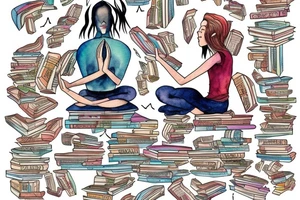 An androgynous person meditating while surrounded by stacks of books and flying magic. tattoo idea