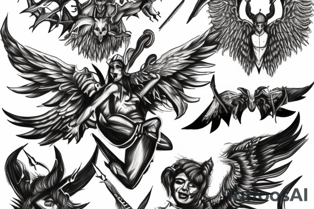 Army of archangels fighting with devil tattoo idea