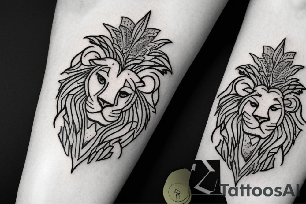 half lion face and half Zeus face, with laurel leaves below and above tattoo idea
