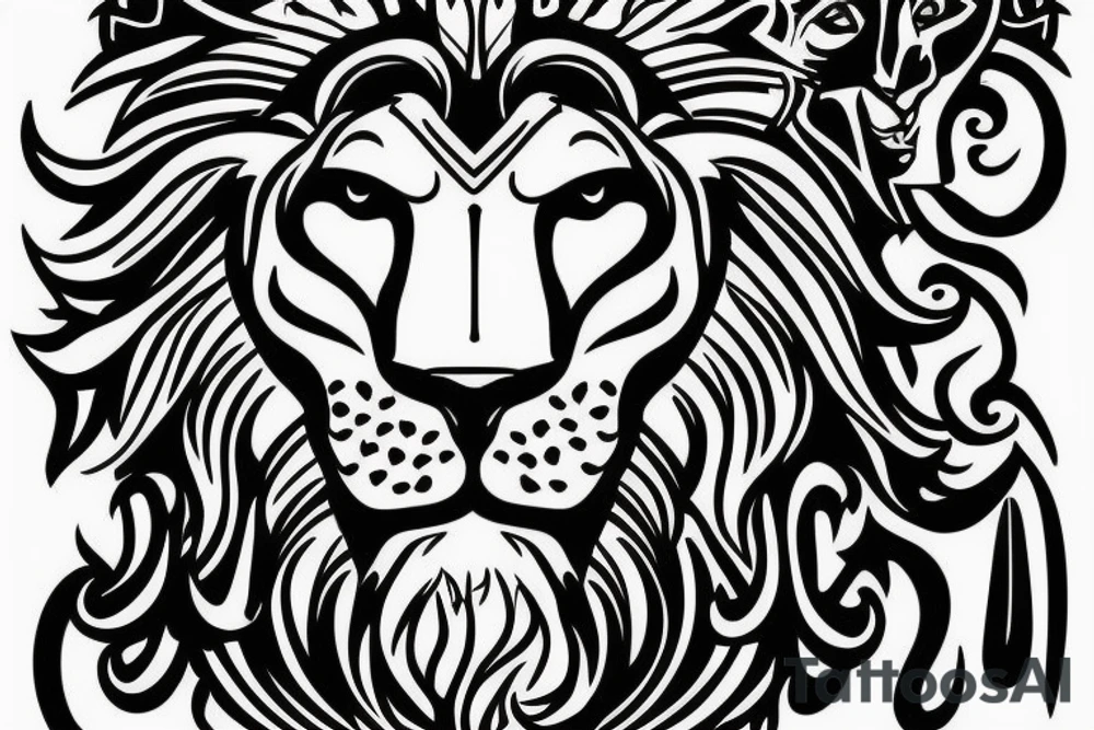 half lion face and half Zeus face, with laurel leaves below and above tattoo idea
