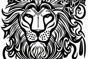 half lion face and half Zeus face, with laurel leaves below and above tattoo idea